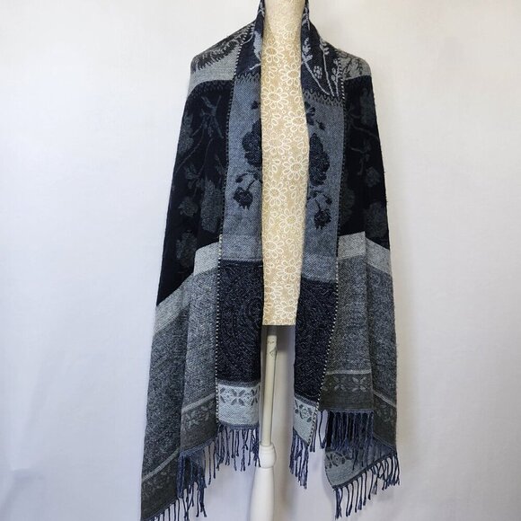 Aurora Paci Italia Blue Gray Floral Print Wool Blend Scarf Wrap Shaw Fringe City - Picture 1 of 16